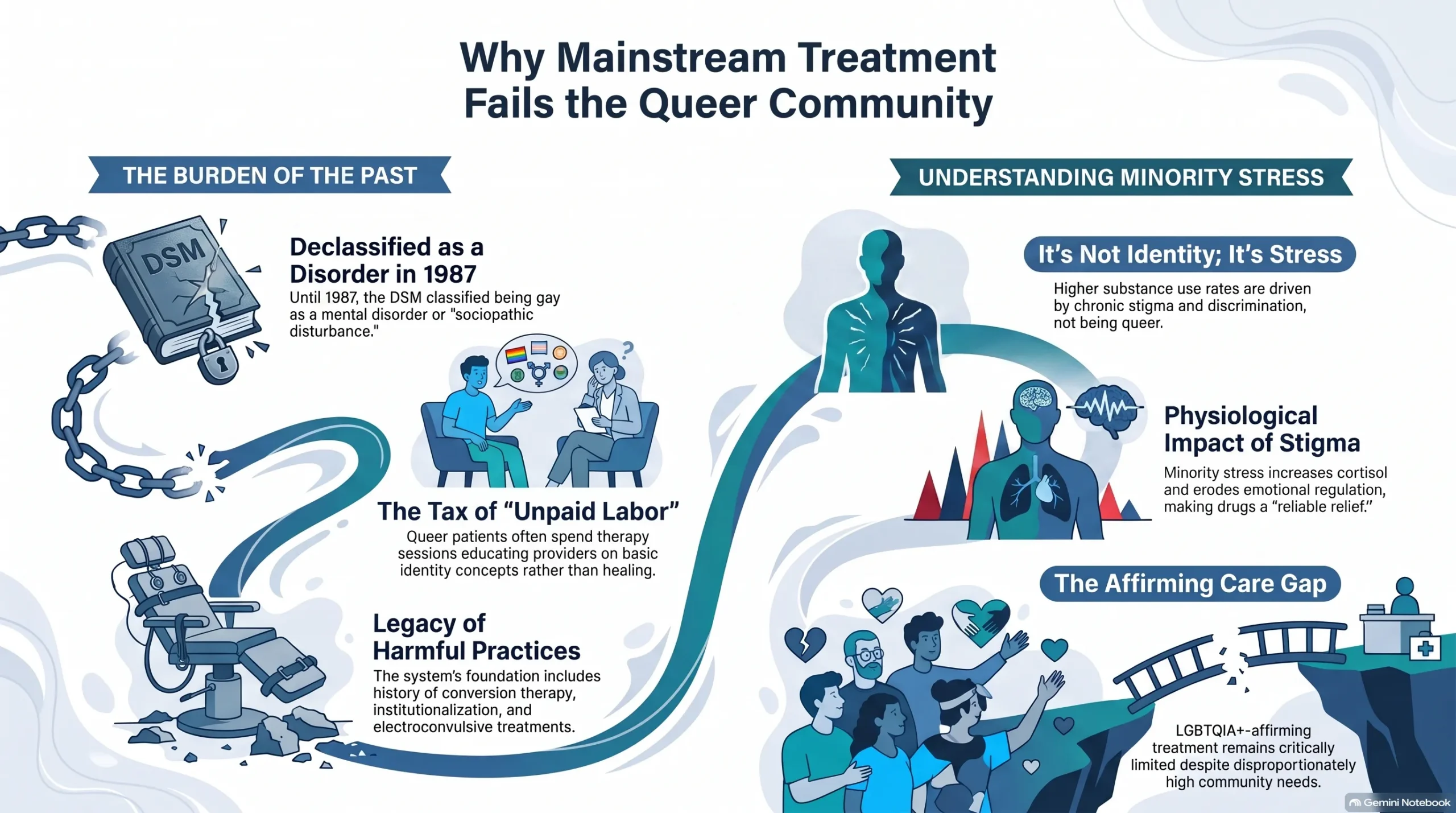 Infographic titled Why Mainstream Treatment Fails the Queer Community, covering DSM declassification in 1987, the unpaid labor of educating providers, the legacy of conversion therapy, and how minority stress physiologically drives higher substance use.