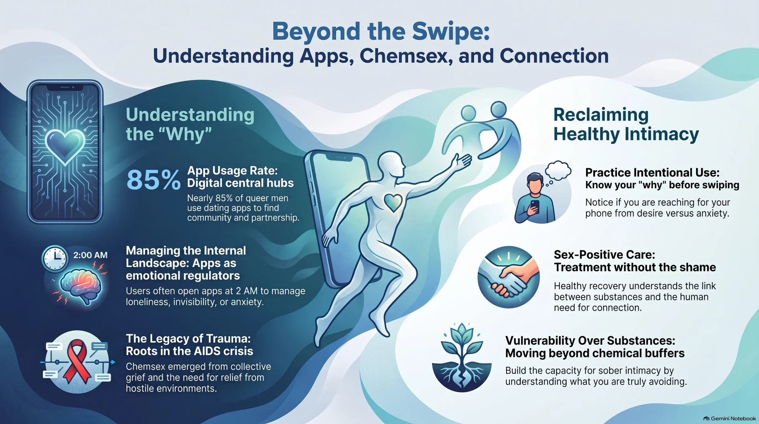 Infographic titled Beyond the Swipe: Understanding Apps, Chemsex, and Connection, showing that nearly 85% of queer men use dating apps, how apps become emotional regulators, and chemsex roots in AIDS-crisis trauma, alongside intentional use, sex-positive care, and building capacity for sober intimacy.