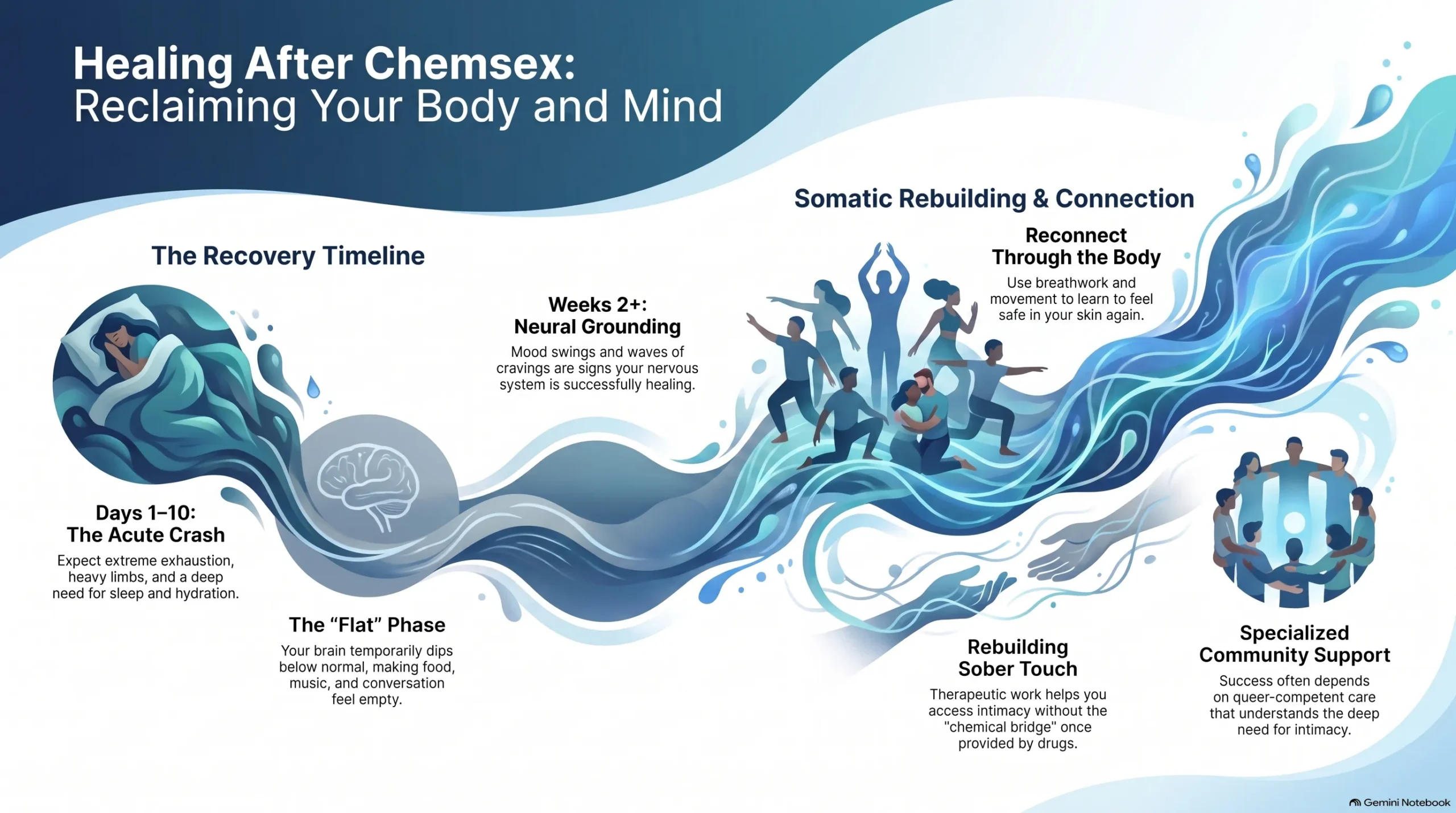 Infographic titled Healing After Chemsex: Reclaiming Your Body and Mind, showing a recovery timeline from the days 1 to 10 acute crash through the flat phase and weeks 2+ neural grounding, alongside somatic rebuilding through the body, sober touch, and specialized queer-competent community support.
