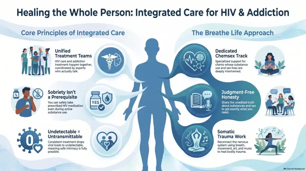 Infographic, "Healing the Whole Person: Integrated Care for HIV & Addiction," showing core principles—unified treatment teams, sobriety is not a prerequisite for HIV medication, and undetectable equals untransmittable—beside the Breathe Life approach of a dedicated chemsex track, judgment-free honesty, and somatic trauma work.